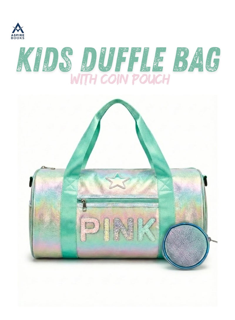 Aspire Books Kids Holographic Duffle Bag with Coin Pouch – Travel Weekender & Dance Bag for Girls Perfect for Shopping, Outings, and Sleepovers (Mint Green/Rainbow) – Glitter Lettering, Star Patch, and Adjustable Strap - Image 2